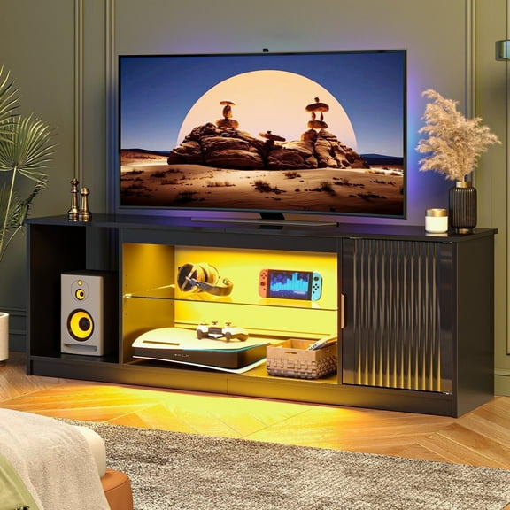 Bestier High Glossy TV Stand for 65 inch TVs with LED Lights, Fluted Entertainment Center with Storage Cabinet & Shelves,TV Console Table for PS5,Black