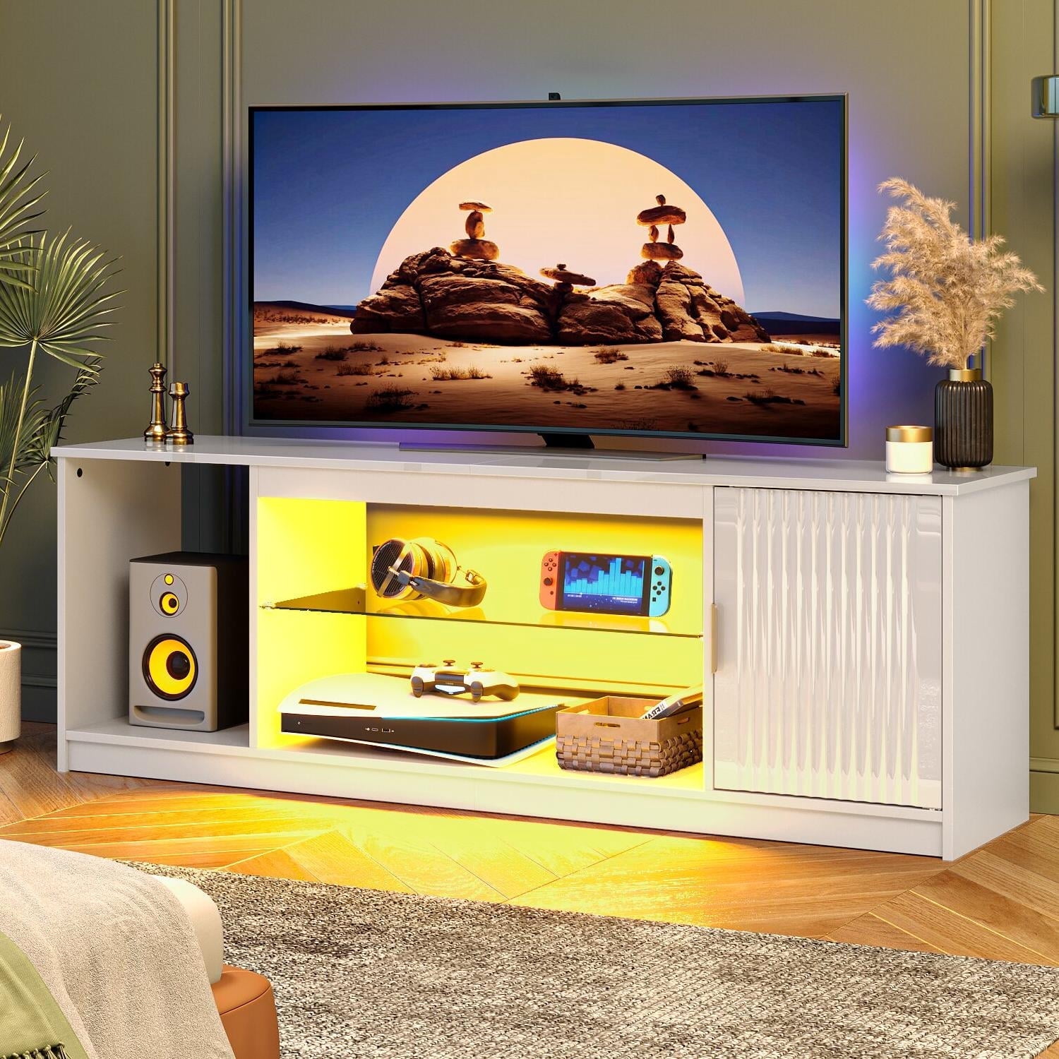 Bestier High Glossy TV Stand for 65 inch TVs with LED Lights, Fluted Entertainment Center with Storage Cabinet & Shelves,TV Console Table for PS5,White