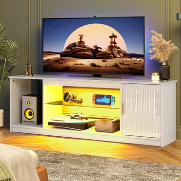 Bestier Fluted TV Stand for TVs up to 65 inch with LED Lights, High Glossy Entertainment Center with Storage Cabinet & Shelves, White