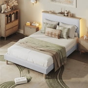 Bestier Full Platform Bed with Adjustable Storage Headboard Shelf, LED Corduroy Upholstered Bed Frame, Light Gray
