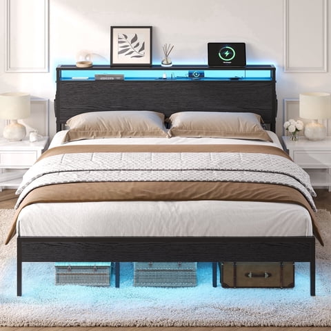 Bestier Full Size Bed Frame with Charging Station and 2 USB Ports and Outlets,LED Light Storage Headboard,Noise Free Design, Black