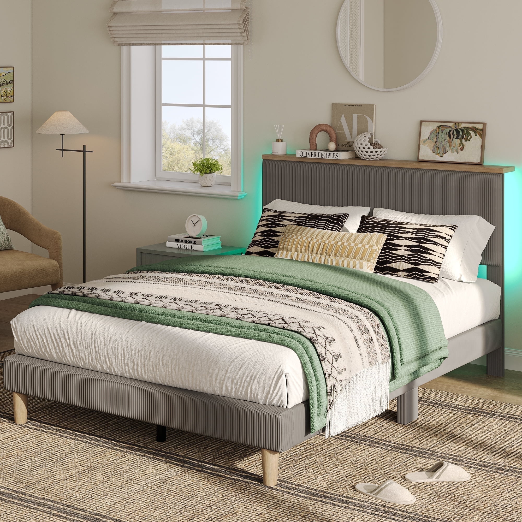 Bestier Full Size Bed Frame Upholstered Corduroy Platform Bed with LED Light & Adjustable Storage Headboard for Bedroom, Gray