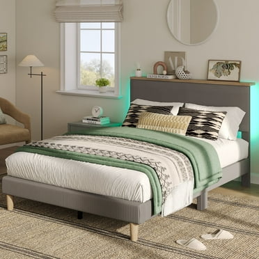 Bestier Full Size Bed Frame Upholstered Corduroy Platform Bed with LED Light & Adjustable Storage Headboard for Bedroom, Gray