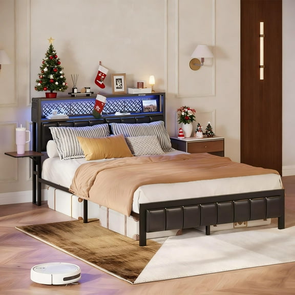 Bestier Full Size Bed Frame Upholstered LED Platform Bed with Foldable Trip Shelves and Storage Headboard Charge Station, Walnut