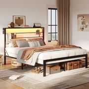 Bestier Full Size Bed Frame with 49.2 High LED Storage Headboard Shelf, Metal Platform Bed, Black