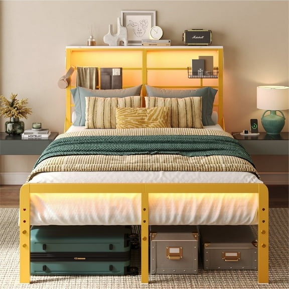 Bestier Full Size Bed Frame with LED Headboard & Charging Station, Metal Platform Bed with 15.7'' Large Under Bed Storage, Gold
