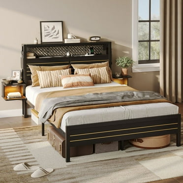 Bestier Full Size Metal Platform Bed Frame with Storage Headboard Charging Station & 2 Nightstands LED Lights, Black