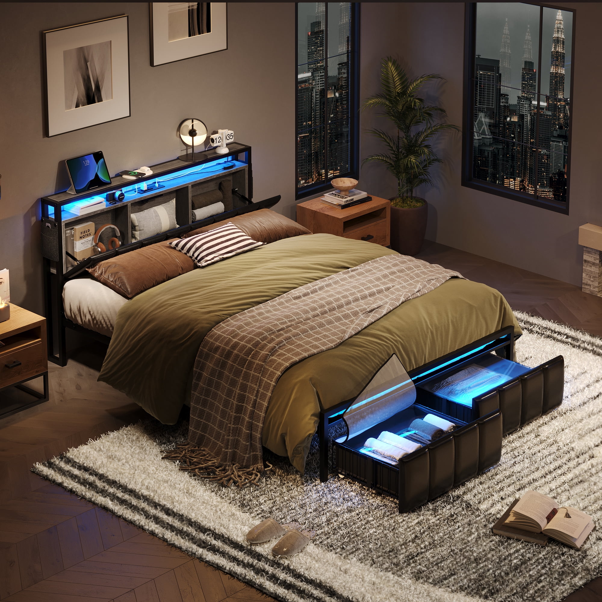 Bestier Queen Size Platform Bed Frame with PU Leather Storage Headboard Led Lights Charging Station 2 Dust proof Drawers Black
