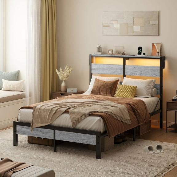 Bestier Full Size Platform Bed Frame with Storage Headboard, LED Lights & USB Charging Station, Metal Bed Frame Gray