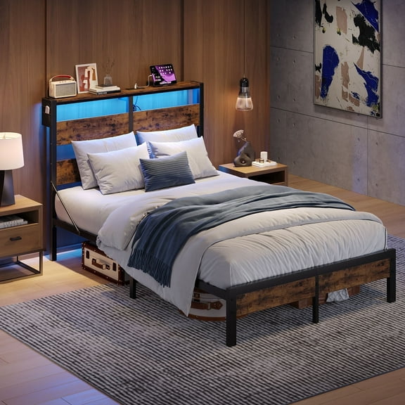 Bestier Full Size Platform Bed Frame with Storage Headboard, LED Lights & USB Charging Station, Metal Bed Frame Rustic Brown