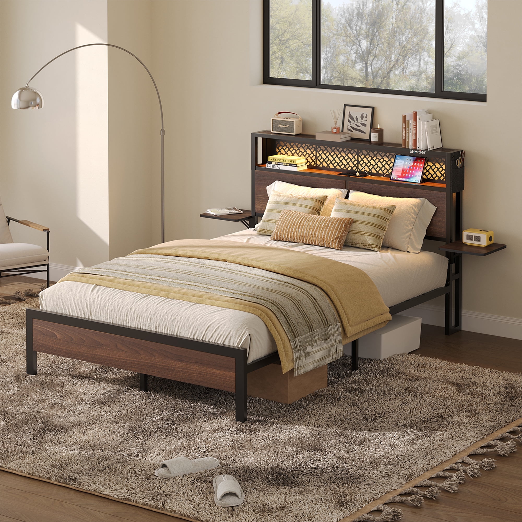Bestier Full Size Platform Bed Frame with Wood Foldable Bedside Shelves and LED Storage Headboard Charge Station, Walnut