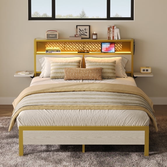 Bestier Full Size Platform Bed Frame with Wood Foldable Bedside Shelves and LED Storage Headboard Charge Station, White