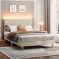 thumbnail image 1 of Bestier Corduroy Upholstered Full Bed Frame with Adjustable Headboard, Platform Bed Frame with LED Light, Solid Wood Slats, No Box Spring Needed, Off White, 1 of 9