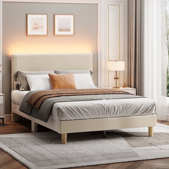 Bestier Corduroy Upholstered Full Bed Frame with Adjustable Headboard, Platform Bed Frame with LED Light, Solid Wood Slats, No Box Spring Needed, Off White