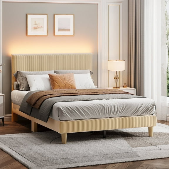 Bestier Corduroy Upholstered Full Bed Frame with Adjustable Headboard, Platform Bed Frame with LED Light, Solid Wood Slats, No Box Spring Needed, Beige