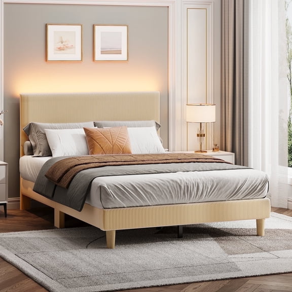 Bestier Corduroy Upholstered Full Bed Frame with Adjustable Headboard, Platform Bed Frame with LED Light, Solid Wood Slats, No Box Spring Needed, Beige