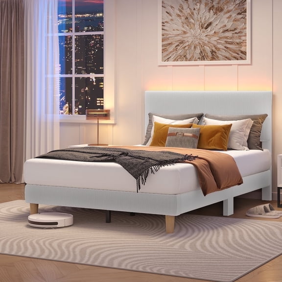 Bestier Corduroy Upholstered Full Bed Frame with Adjustable Headboard, Platform Bed Frame with LED Light, Solid Wood Slats, No Box Spring Needed, Gray