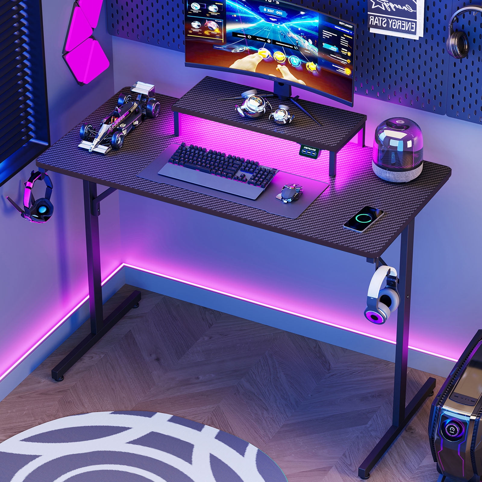 GTRACING Ergonomic Curved 3-Sided LED Z-Leg Gaming Desk, Black