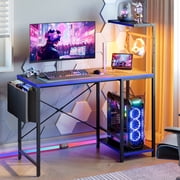 Bestier Gaming Desk with LED Lights, 44 Computer Desk with Reversible Shelves, PC Gamer Desk with Side Storage Bag, Hooks and Height Adjustable Shelf for Home Office, Blue