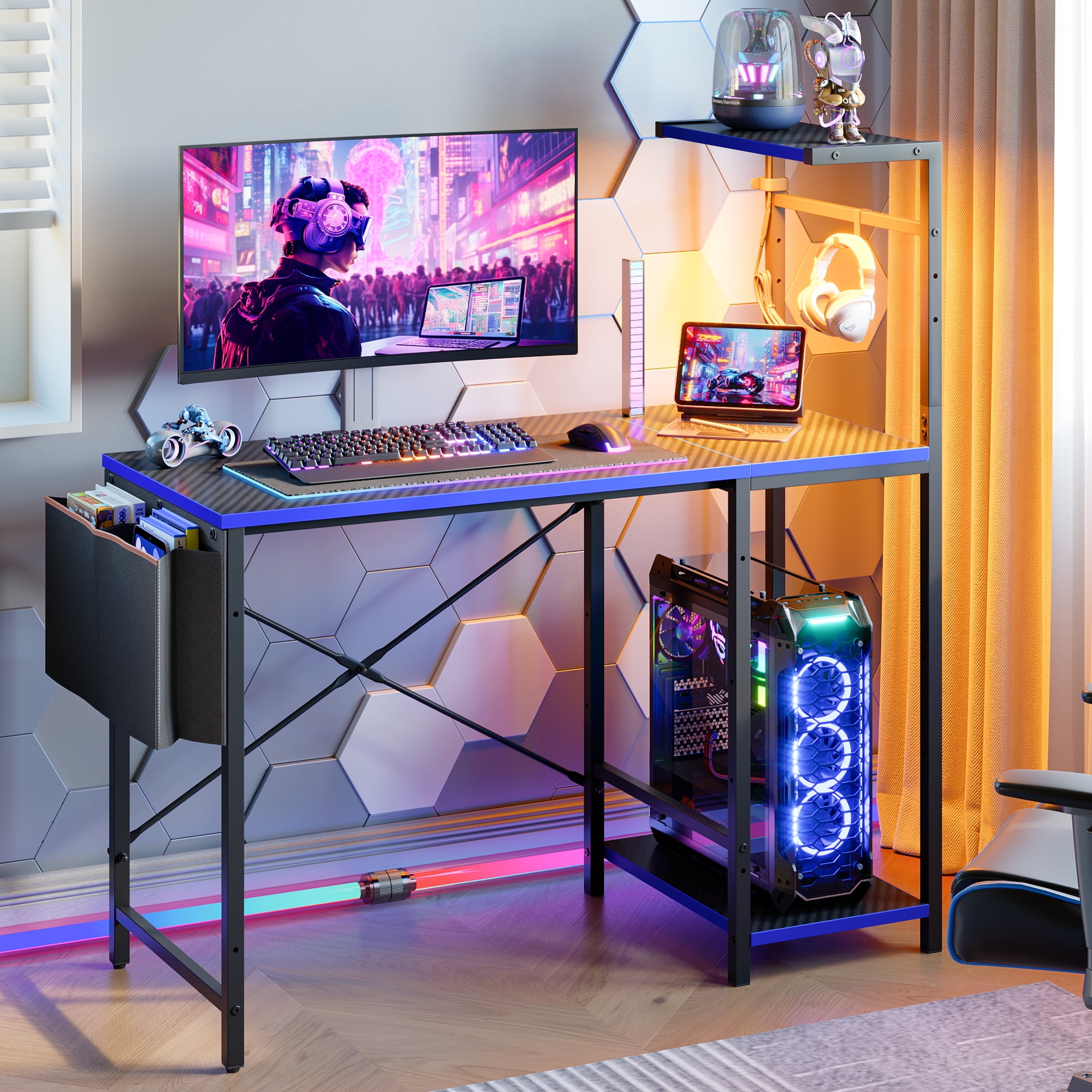 GTRACING Ergonomic Curved 3-Sided LED Z-Leg Gaming Desk