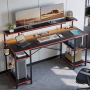 Bestier 55" Gaming Desk with LED Light & Monitor Stand Computer Desk Corner Desk for Home Office, Black & Crimson Carbon Fiber