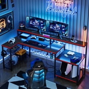 Bestier 71 inch L-Shaped Gaming Desk with Power Outlets LED Computer Office Table with Monitor Stand & Storage Shelf in