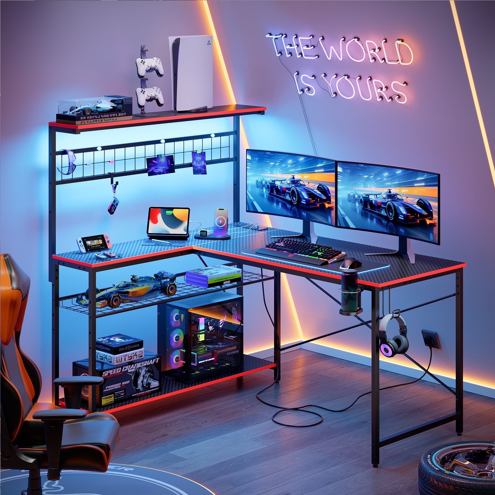 Bestier 51 L Shaped Gaming Desk with Power Outlets, LED Workstation with 4 Tiers Shelves for Home Office, Gamer Reversible Table with Hooks and Cup Holder, Black Carbon Fiber