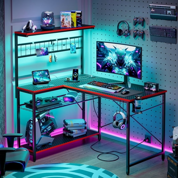 Bestier 42 inch Gaming Desk with LED Lights & Power Outlet, Reversible L Shaped Computer Desk with Hutch & Storage Shelves, Red Carbon Fiber