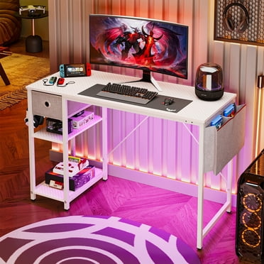Bestier 47 inch Gaming Desk with LED Lights Computer Desk with Drawer & Storage Shelves in White