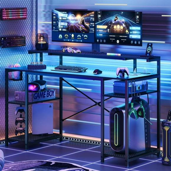 Bestier Gaming Desk with LED Light & Outlets 55" Computer Desk with Monitor Stand, Black Carbon Fiber