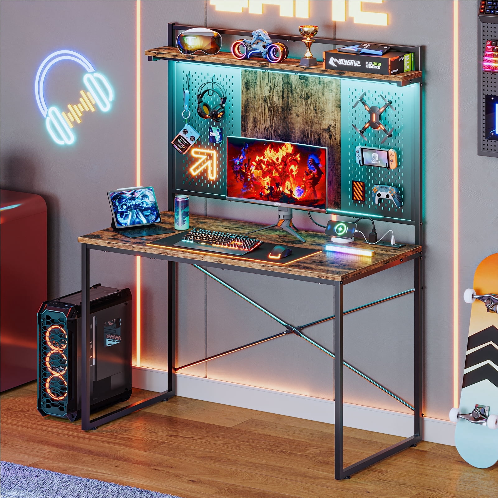 Bestier Gaming Desk with Power Outlets & LED Light, 39.3 Inch Computer ...