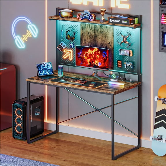 Bestier Gaming Desk with Power Outlets & LED Light, 39.3 Inch Computer Desk Office Table with Storage Shelves Pegboard, Rustic Brown