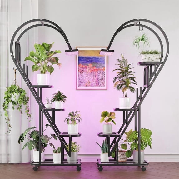 Bestier Heart Shaped Plant Stand with Grow Lights & Wheels, 5-Tier Tall Metal Plant Shelf Display Shelf with Hanging Hooks for Indoor & Outdoor, Black