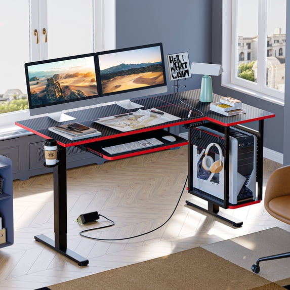 Bestier Height Adjustable Electric Standing Desk ,57.5 inch L-Shaped Sit Stand Computer Table with Keyboard Tray, Carbon Fiber Black