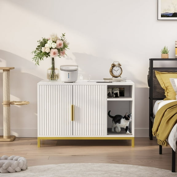 Bestier Hidden Cat Litter Box Enclosure Furniture with Charging Station Litter Mat, Cat Washroom, White