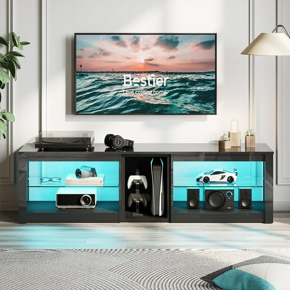 Bestier High Gloss TV Stand for 70 inch TV, Gaming Entertainment Center with LED Lights, Black