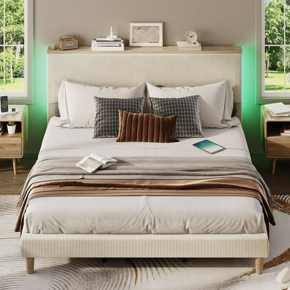 Bestier King Platform Bed with Adjustable Storage Headboard Shelf, LED Corduroy Upholstered Bed Frame, Cream