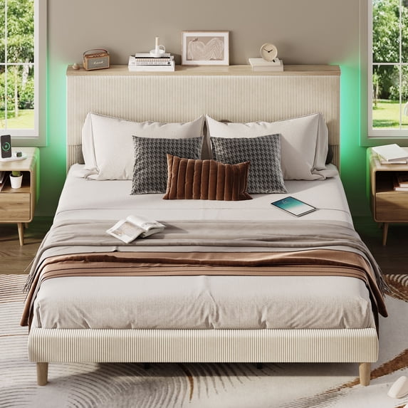 Bestier King Platform Bed with Adjustable Storage Headboard Shelf, LED Corduroy Upholstered Bed Frame, Cream