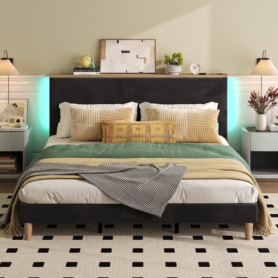 Bestier King Platform Bed with Adjustable Storage Headboard Shelf, LED Corduroy Upholstered Bed Frame, Black