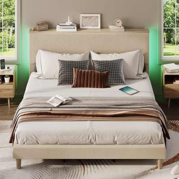 Bestier King Platform Bed with Adjustable Storage Headboard Shelf, LED Corduroy Upholstered Bed Frame, Taupe