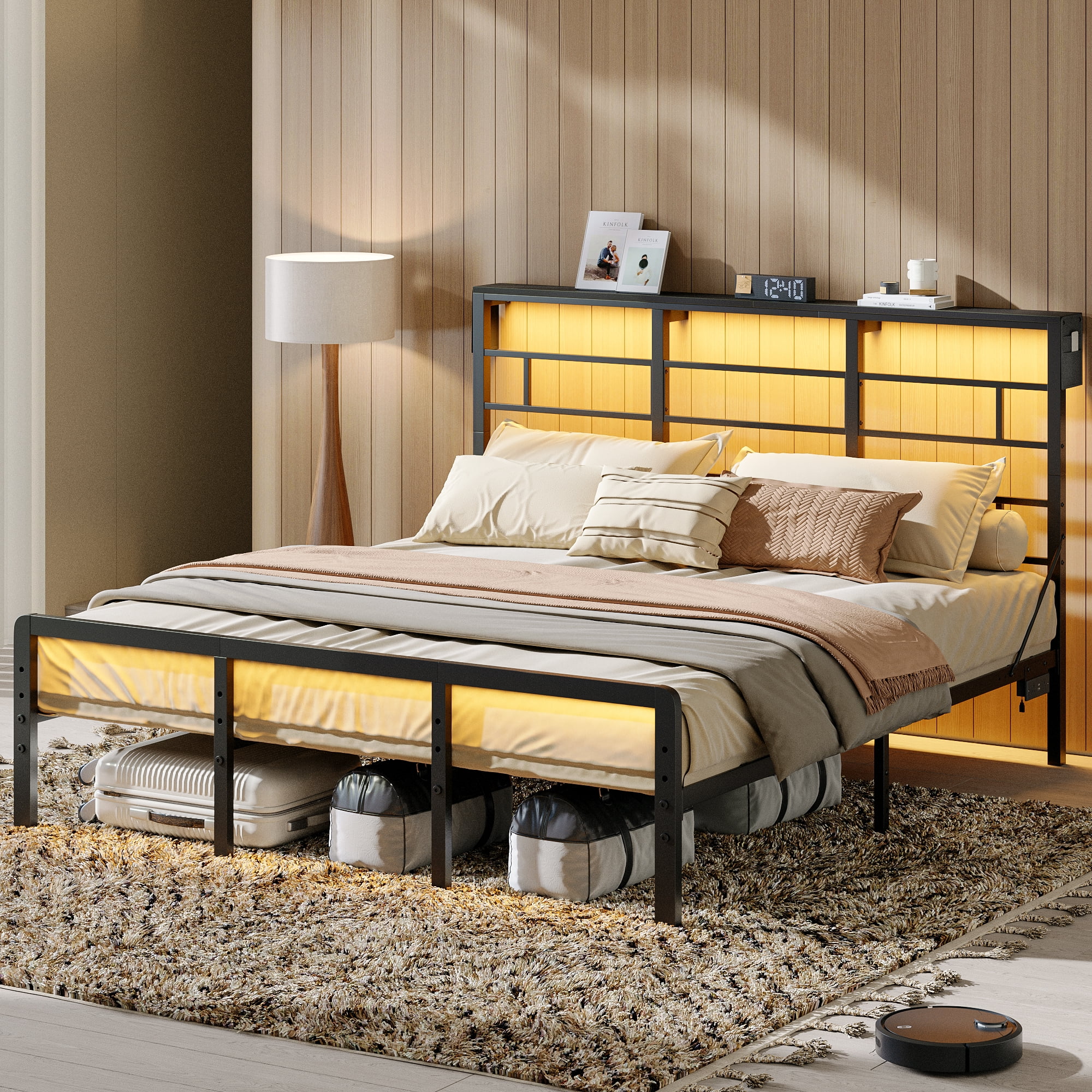 Bestier LED King Size Bed Frame with Headboard & Charging Station, Metal Platform Bed with 15.7'' Large Under Bed Storage, Black