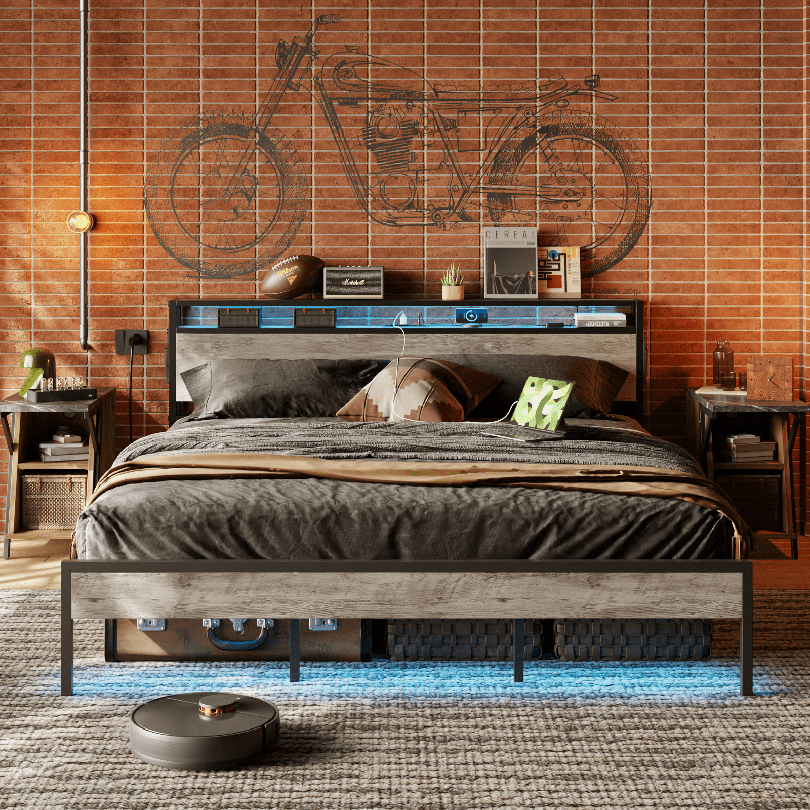 Bestier King Size Bed Frame with Charging Station and  2 USB Ports and Outlets,LED Light Storage Headboard,Noise Free Design,Grey