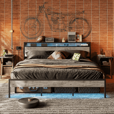 Bestier King Bed Frame with Led Light, Charging Station, Vintage Wood Storage Headboard and Footboard, Metal Support, Rustic Grey