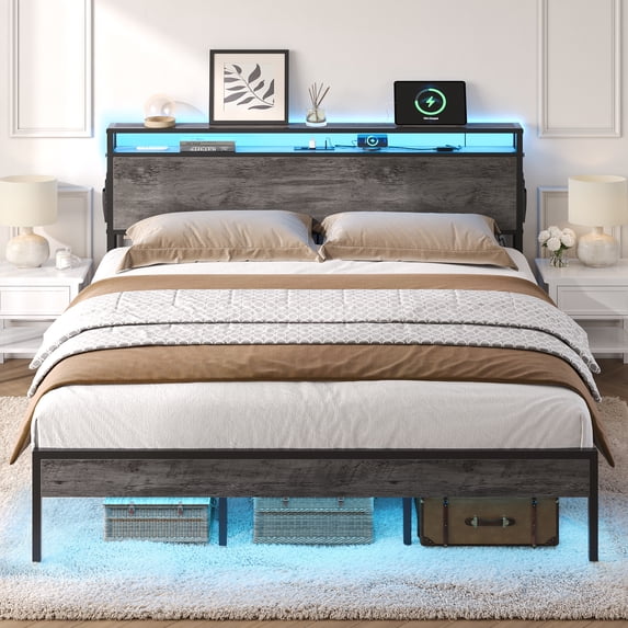 Bestier King Size Bed Frame with Charging Station and 2 USB Ports and Outlets,LED Light Storage Headboard,Noise Free Design,Grey