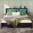 thumbnail image 1 of Bestier King Size Bed Frame Upholstered LED Platform Bed with Foldable Trip Shelves and Storage Headboard Charge Station, Black, 1 of 10