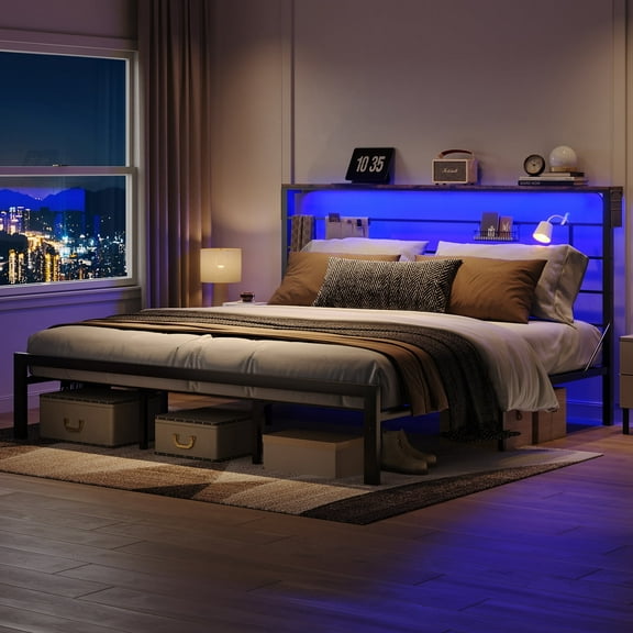 Bestier King Size Bed Frame with 49.2" High LED Storage Headboard Shelf, Metal Platform Bed, Black