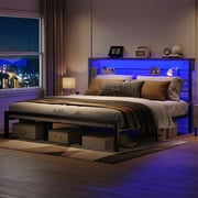 Bestier King Size Bed Frame with 49.2" High LED Storage Headboard Shelf, Metal Platform Bed, Black