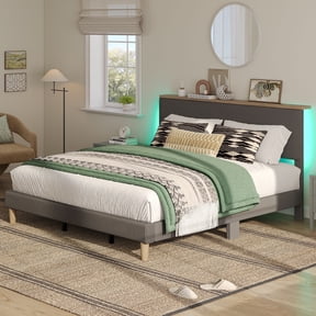 Bestier King Size LED Corduroy Upholstered Bed Frame with Adjustable Storage Headboard, Gray
