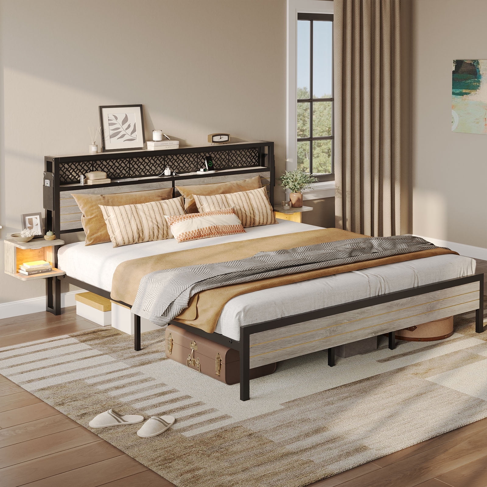 Bestier King Size Metal Platform Bed Frame with Storage Headboard ...