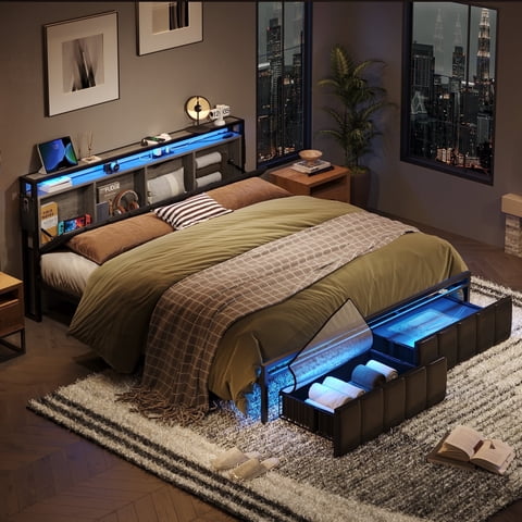 Bestier King Bed with Upholstered Headboard, Hidden Storage Compartment, 2 Dust-proof Drawers | Platform Bedframe with Led Lights & Charging Station,  Black
